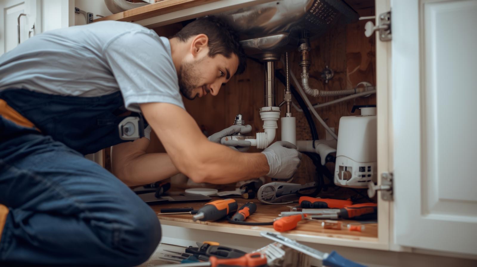 Professional plumber working under sink