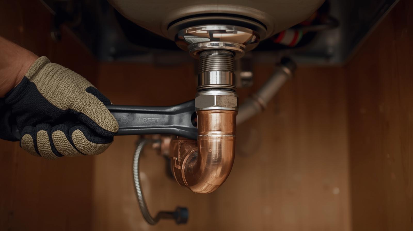 Professional plumber using wrench on pipe connections