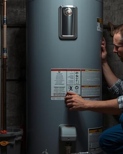 Technician servicing a water heater and connected piping